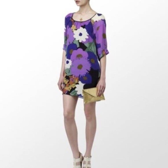 Tibi Size 8 Floral Silk Dress Lined Mini Length 3/4 Sleeves Purple Multi Color - Picture 1 of 13